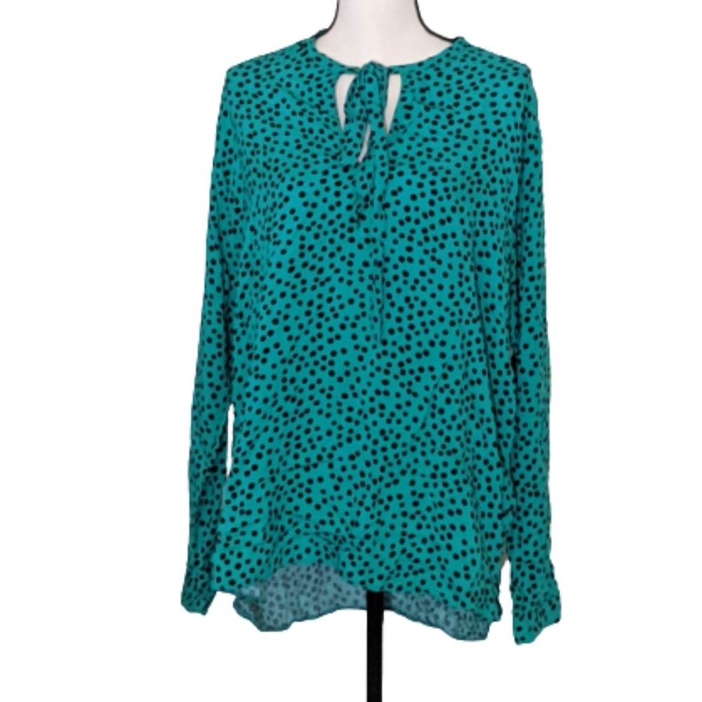 🌟 Dorothy Perkins Green Black Polkadot Pussycat Bow Button Down Long Sleev…